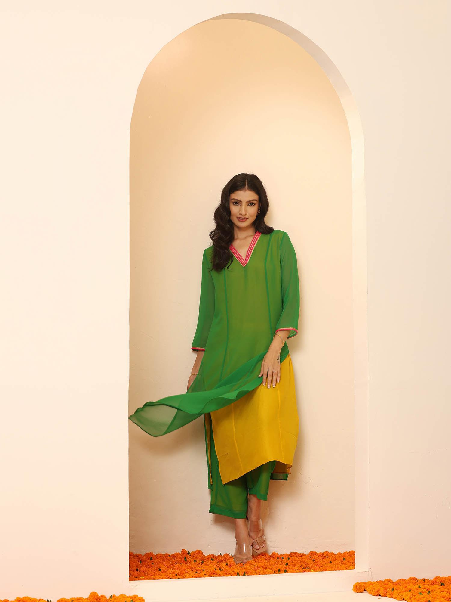 green & mustard kurta with contrast inner lining & pants (set of 2)