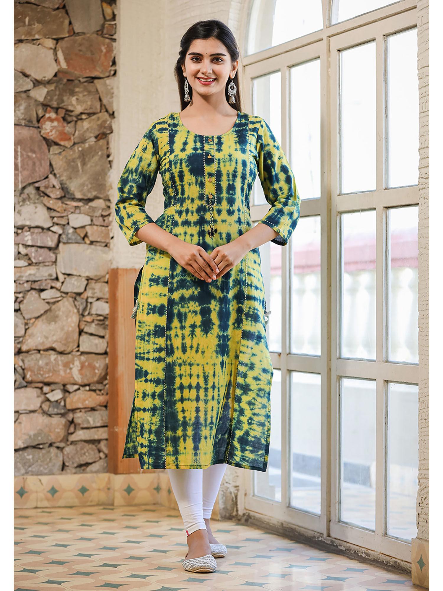 green & navy blue tie dye cotton casual kurta