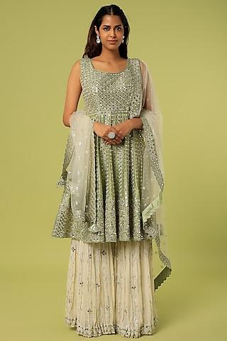 green & off-white embroidered gharara set