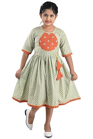 green & orange printed dress for girls