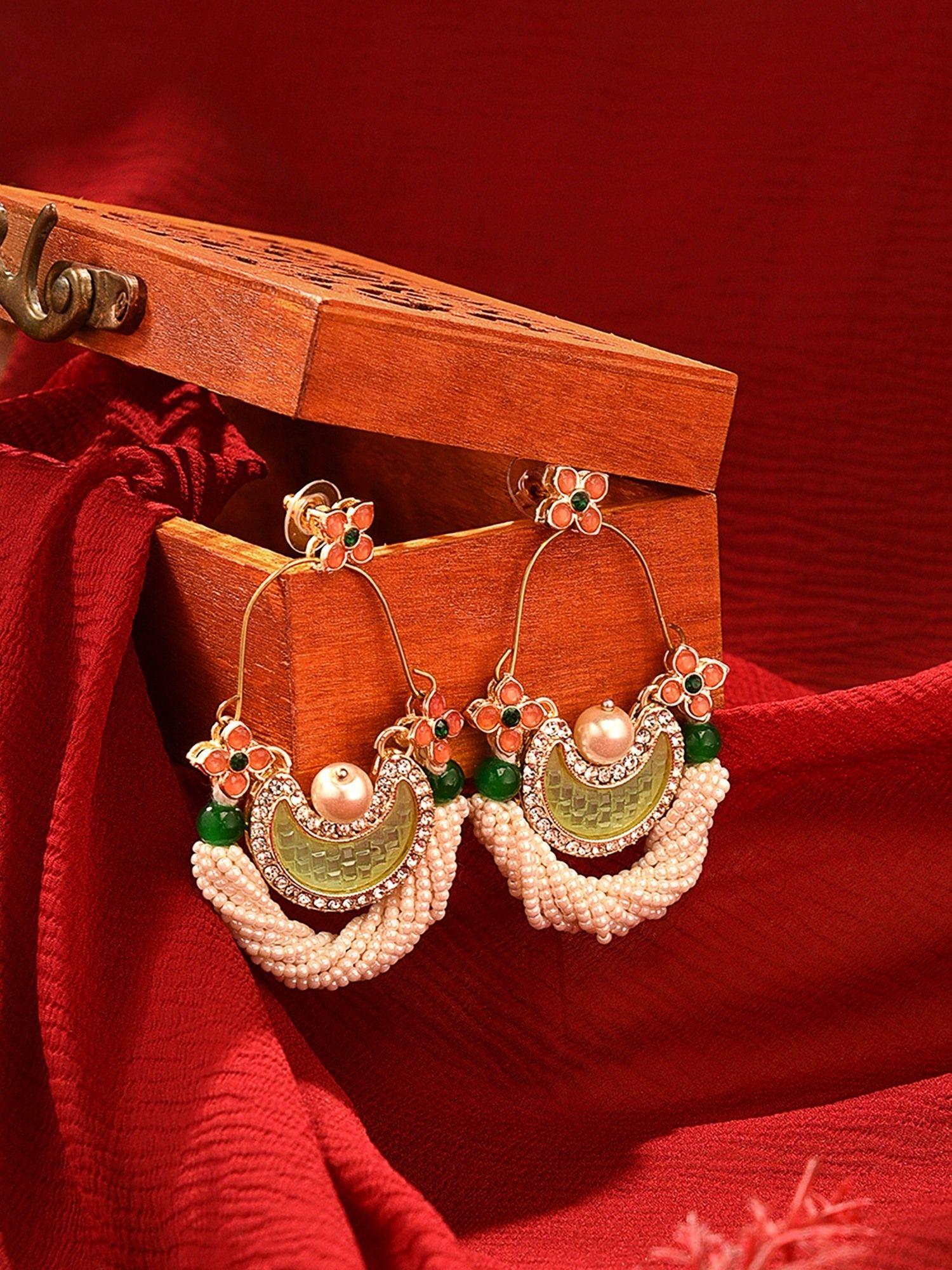 green & peach dazzling stones crescent ethnic dangle earring - zpfk16397