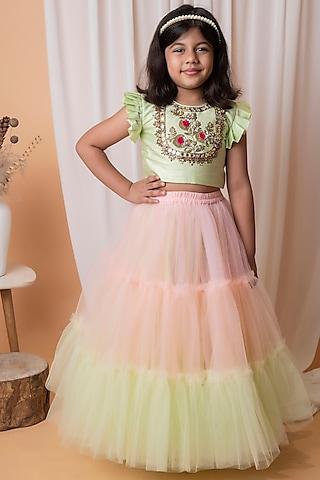 green & peach dupion silk lehenga set for girls