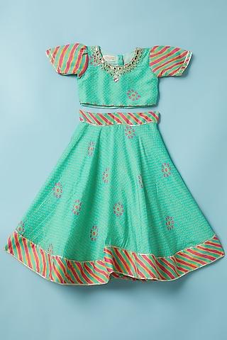 green & pink bandhani printed lehenga set for girls