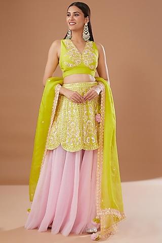 green & pink butterfly net embroidered layered lehenga set