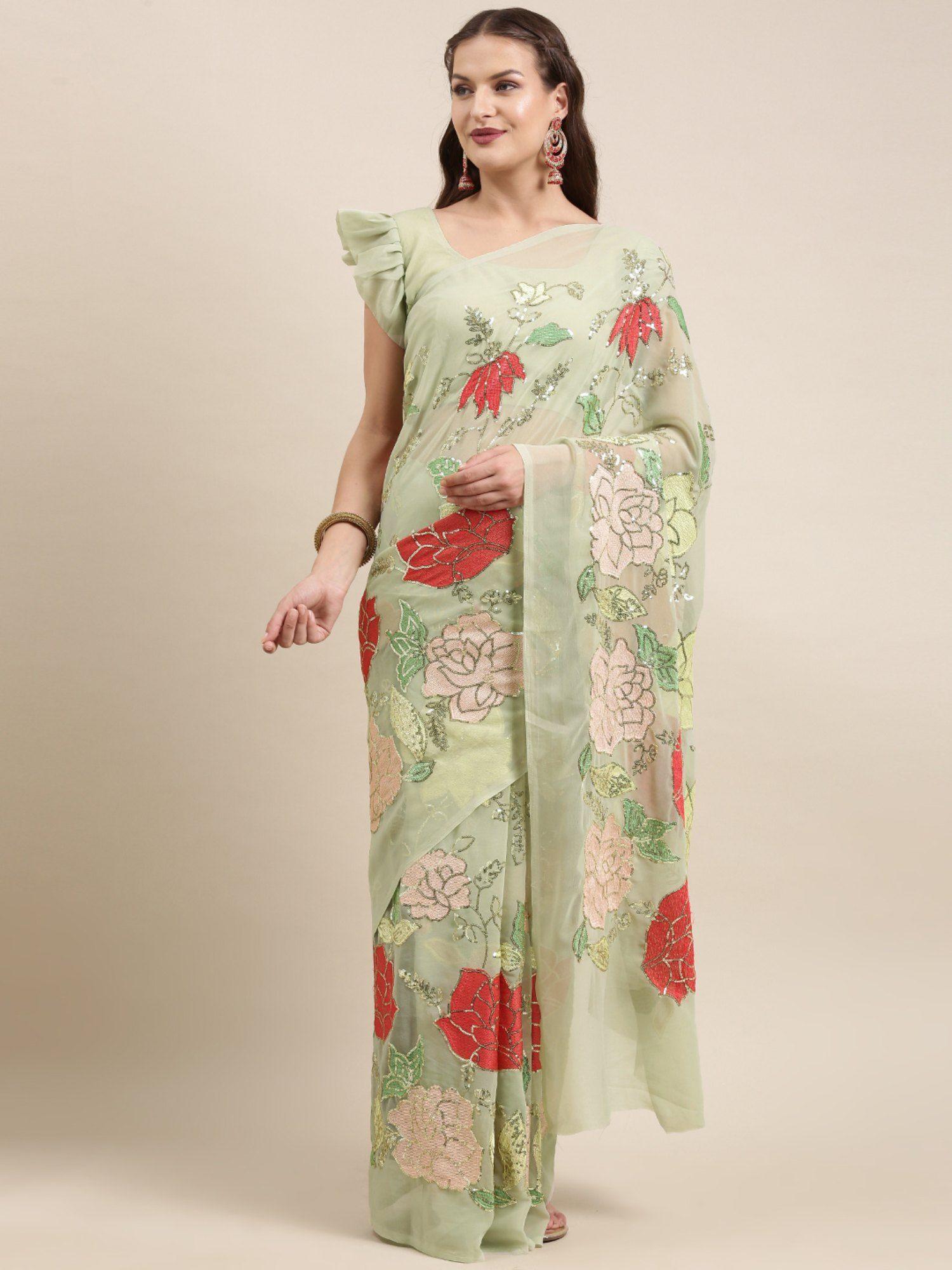 green & pink floral embroidered georgette saree with unstitched blouse