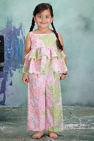 green & pink linen printed co-ord set for girls