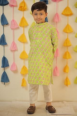 green & pink mulmul cotton block printed kurta set for boys