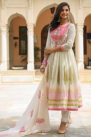 green & pink printed anarkali set