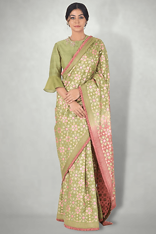 green & pink silk ikat printed saree