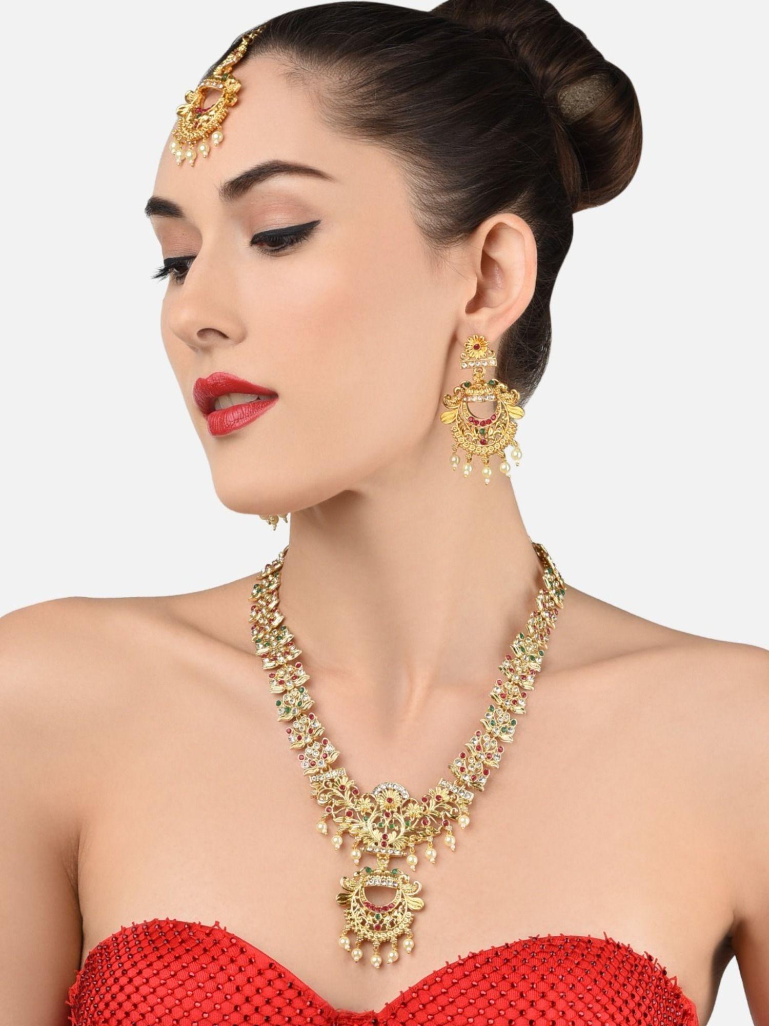 green & pink stones floral long necklace earrings & maangtikka set-(zpfk11563)
