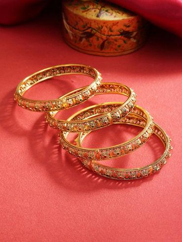 green & red antique gold plated floral textured bangle (set of 4)