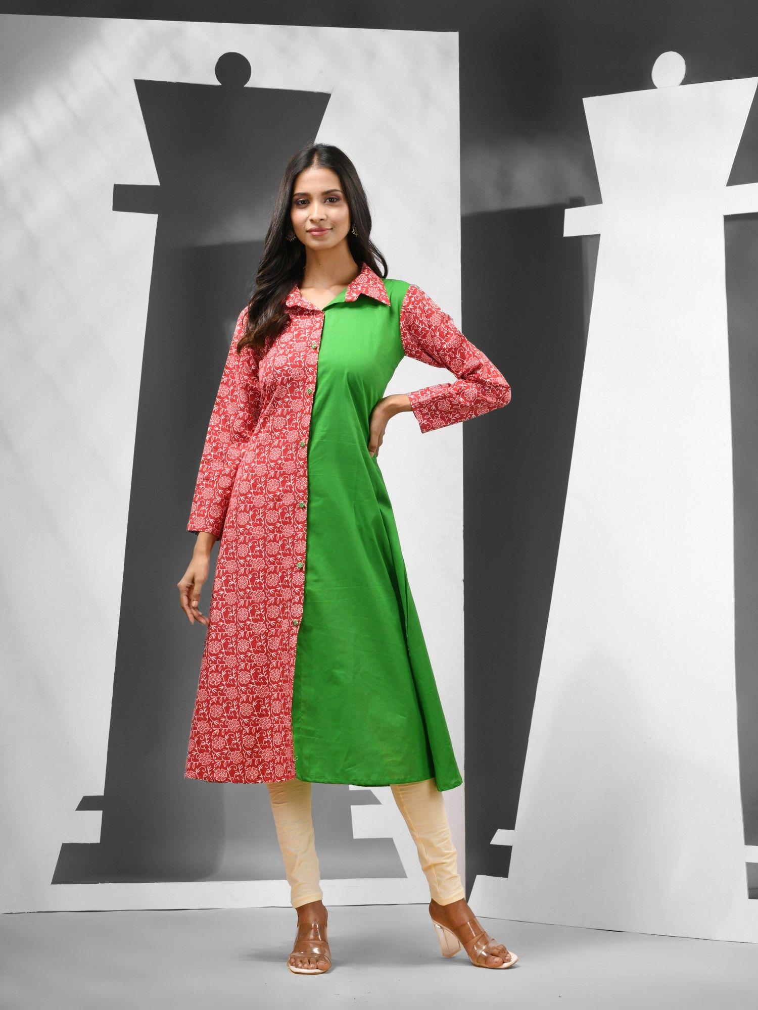 green & red cotton floral printed a-line kurta