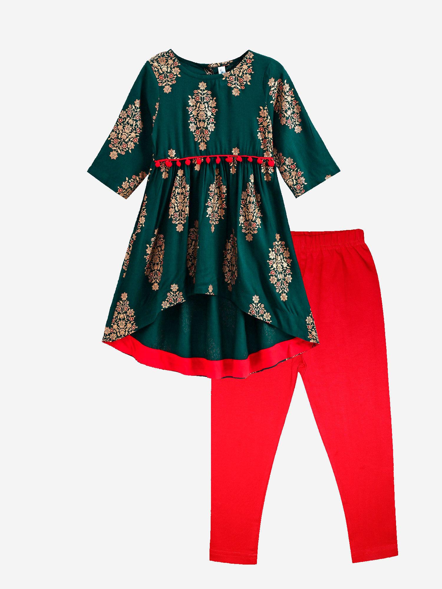 green & red girls asymmetric hem kurta & legging (set of 2) (12-14 years)