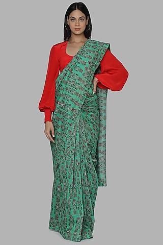 green & red printed saree