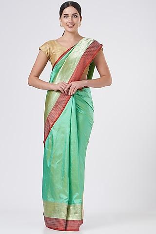 green & red pure katan silk saree set