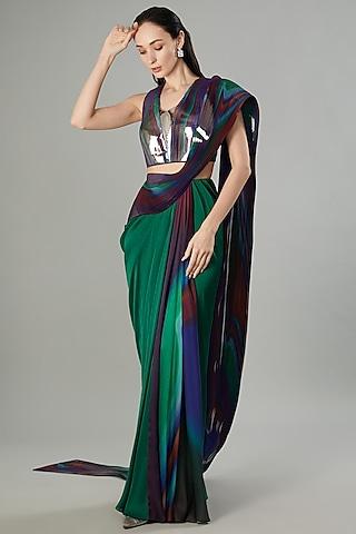 green & teal crepe chiffon & metallic polymer draped saree