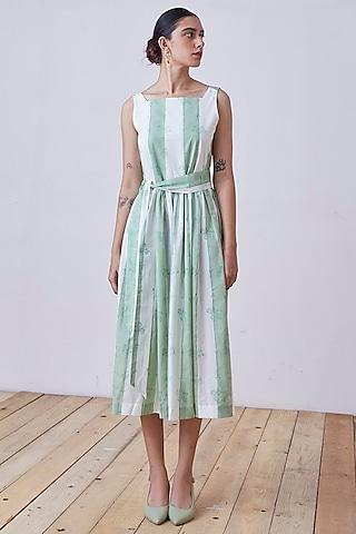 green & white block printed midi dress