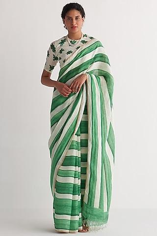 green & white cotton linen digital printed saree