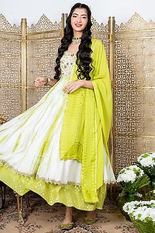 green & white embroidered anarkali set