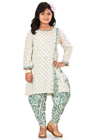 green & white printed dhoti set for girls