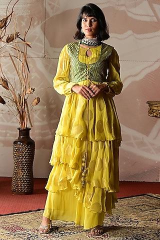 green & yellow banarasi georgette embroidered layered anarkali set