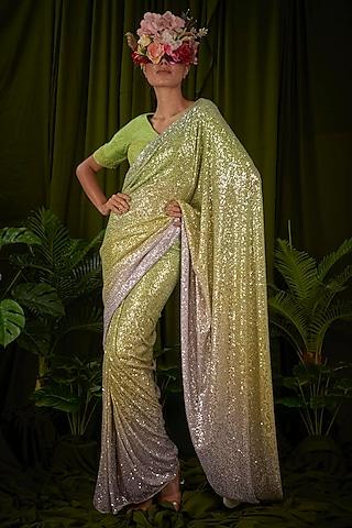 green & yellow sequin stretch pre-stitched saree set