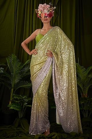 green & yellow sequin stretch pre-stitched saree set