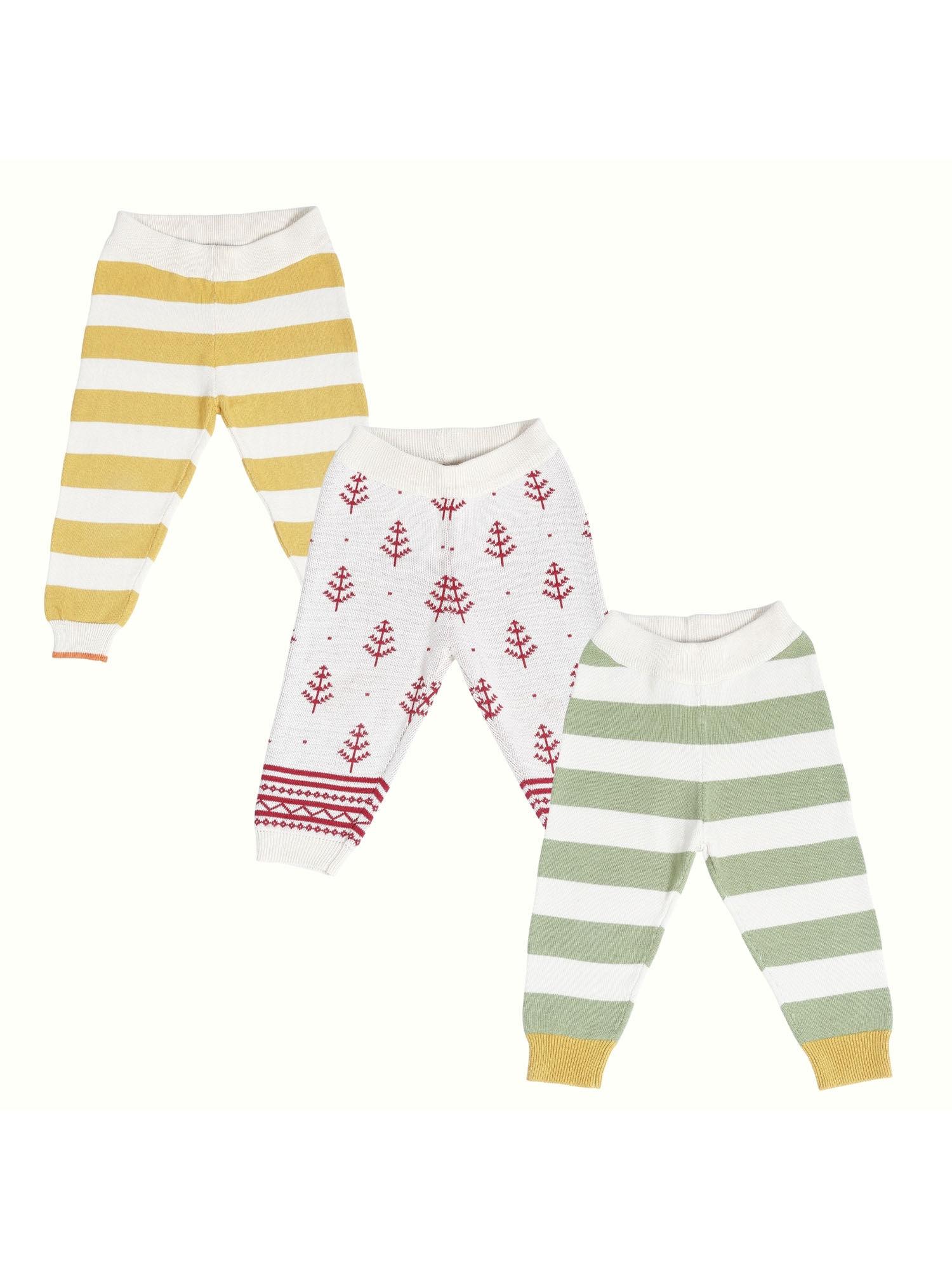 green & yellow stripe & red pine tree cotton 3 lowers (set of 3)