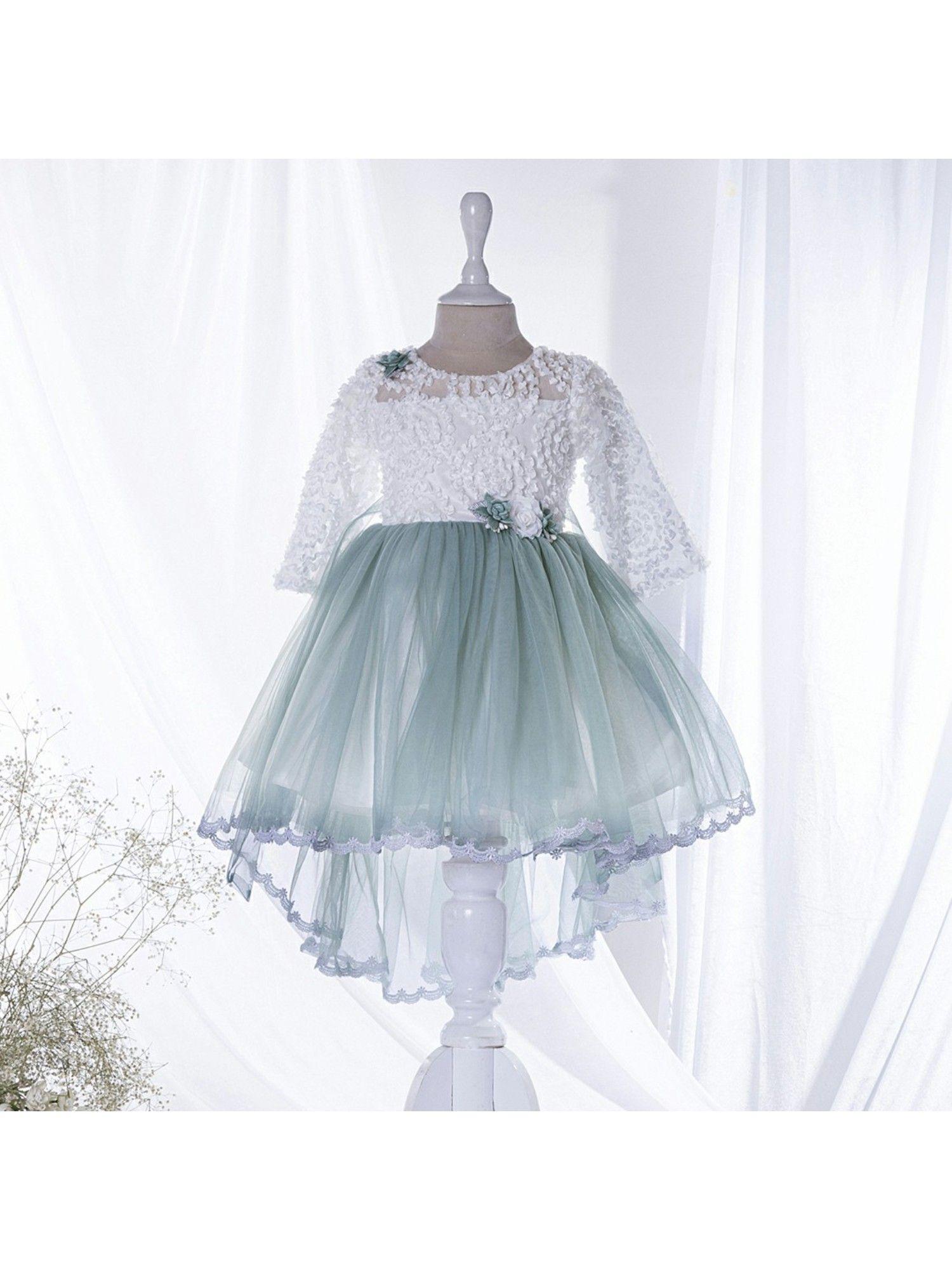green 3/4th corsage applique bottom lace detailed tulle party wear dress