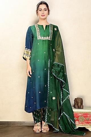 green 4d shaded embroidered kurta set