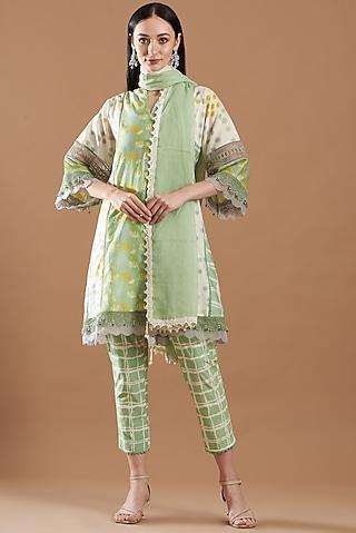 green a-line embroidered kurta set
