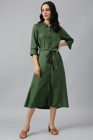 green a-line embroidered shirt dress with schiffli belt