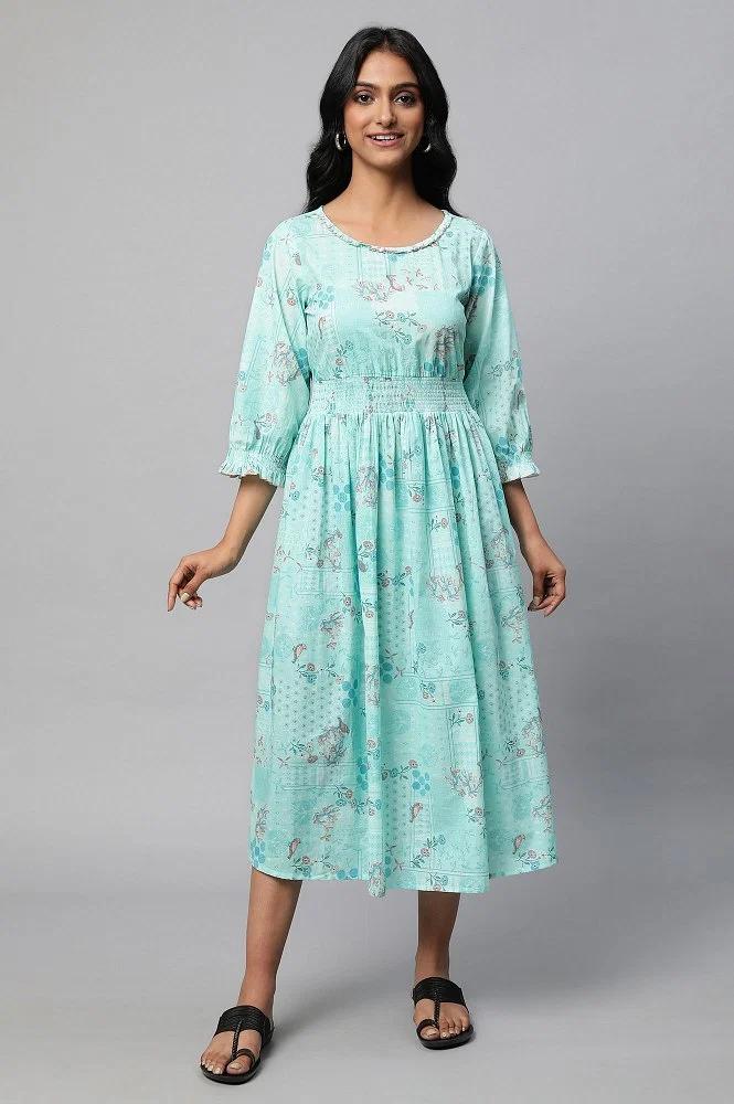 green a-line printed dress