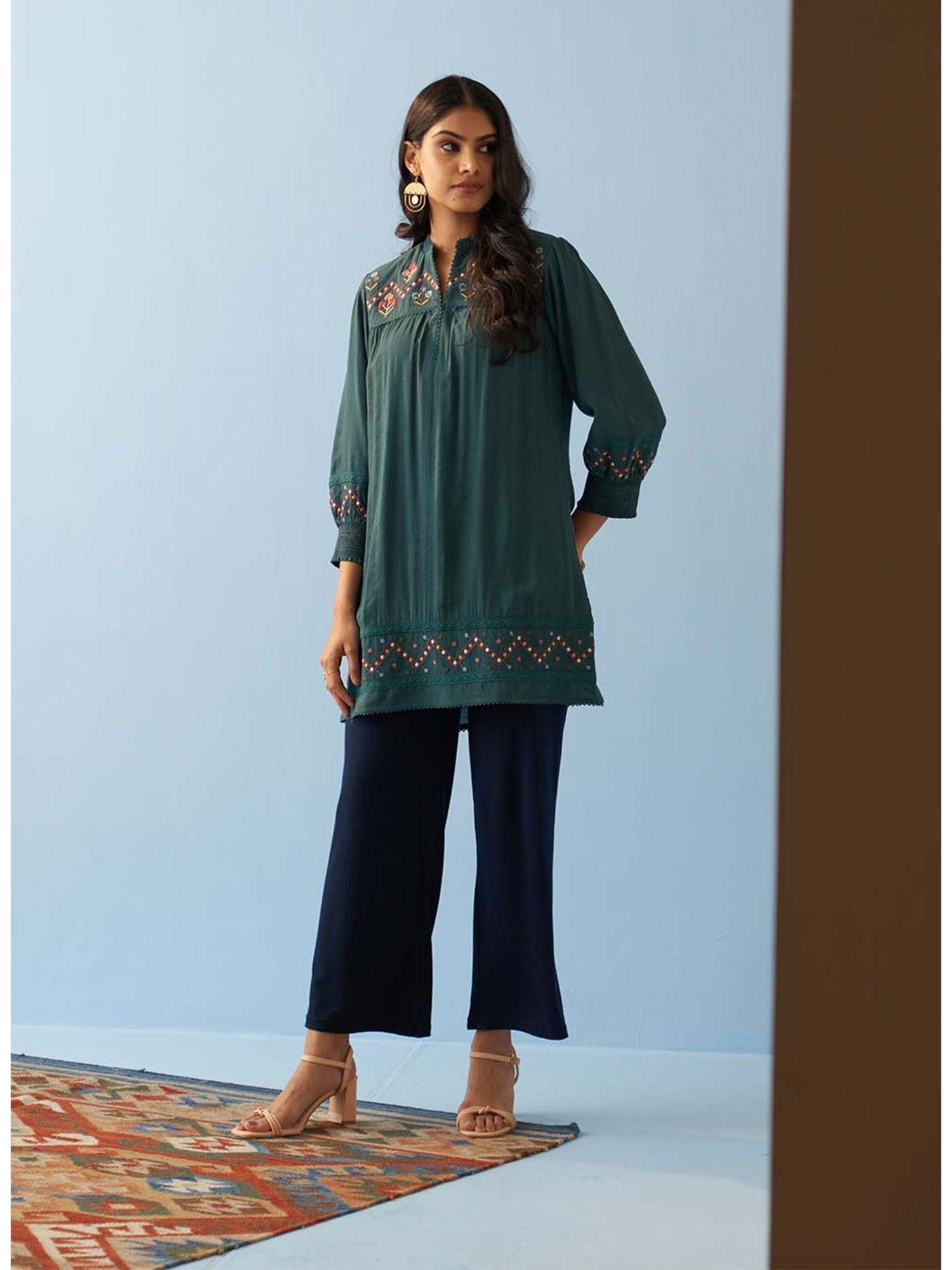 green a line rayon kurti with embroidery and smocking