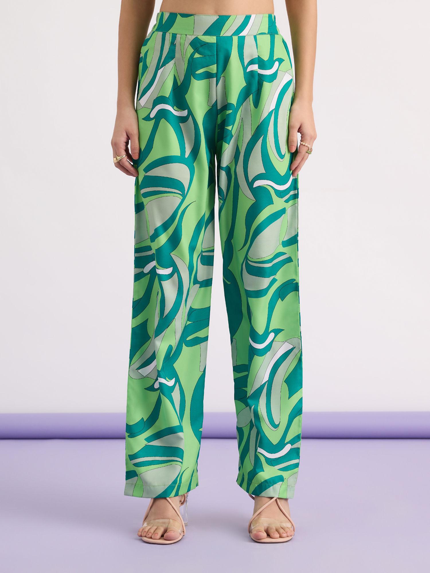 green abstract print high waist pants