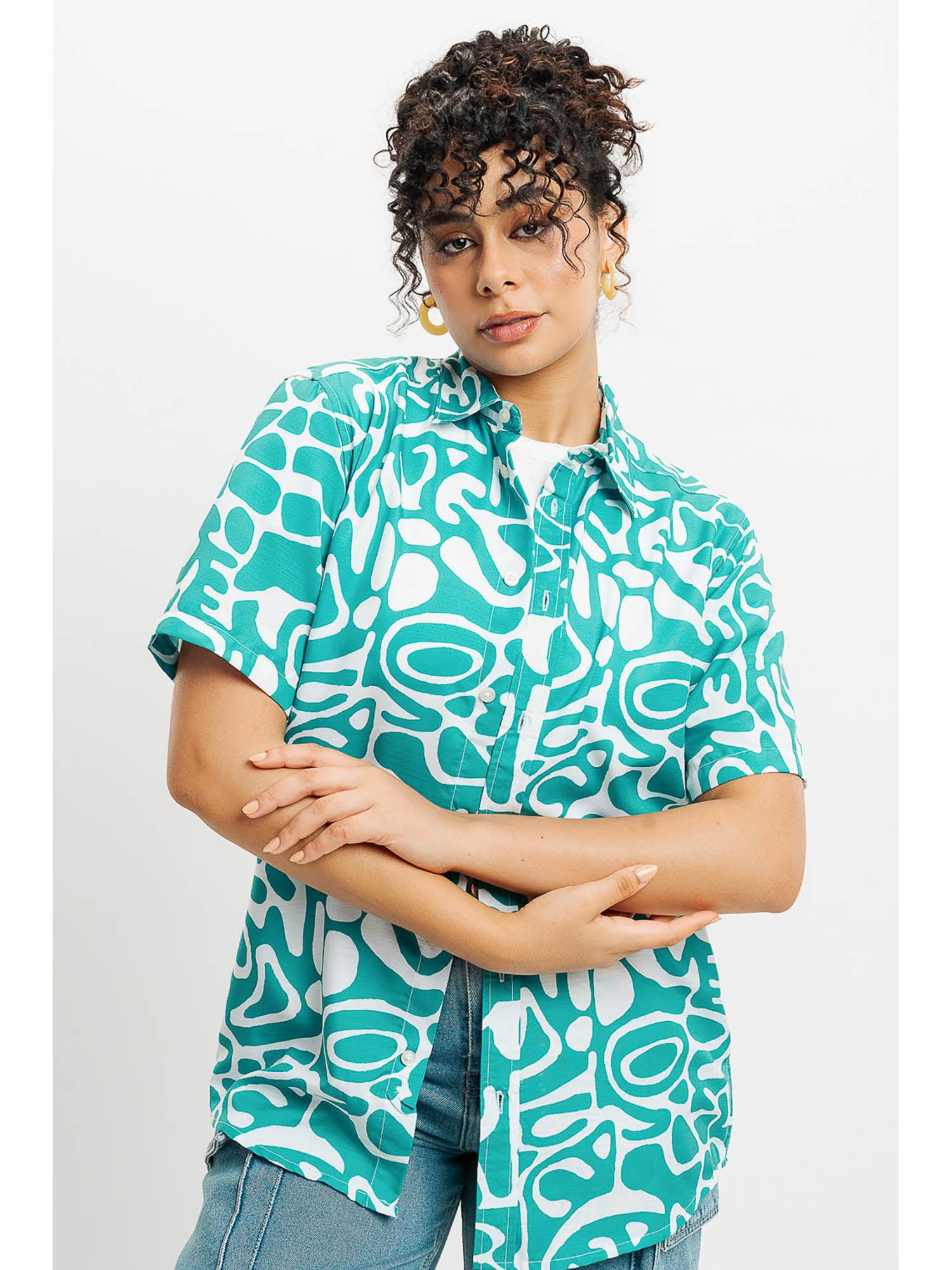 green abstract print women resort shirt