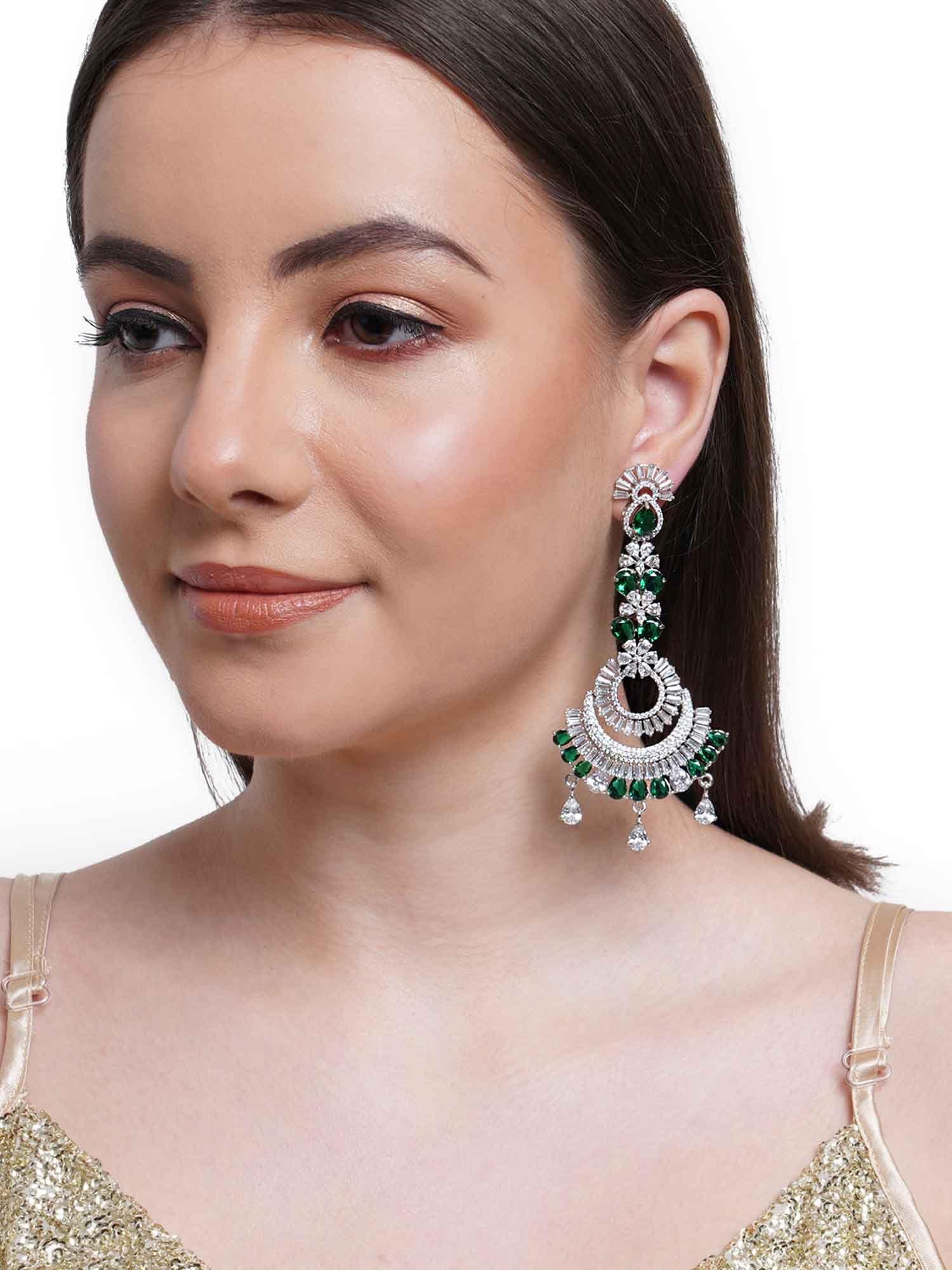 green ad and cz studded classic dangler earrings for women