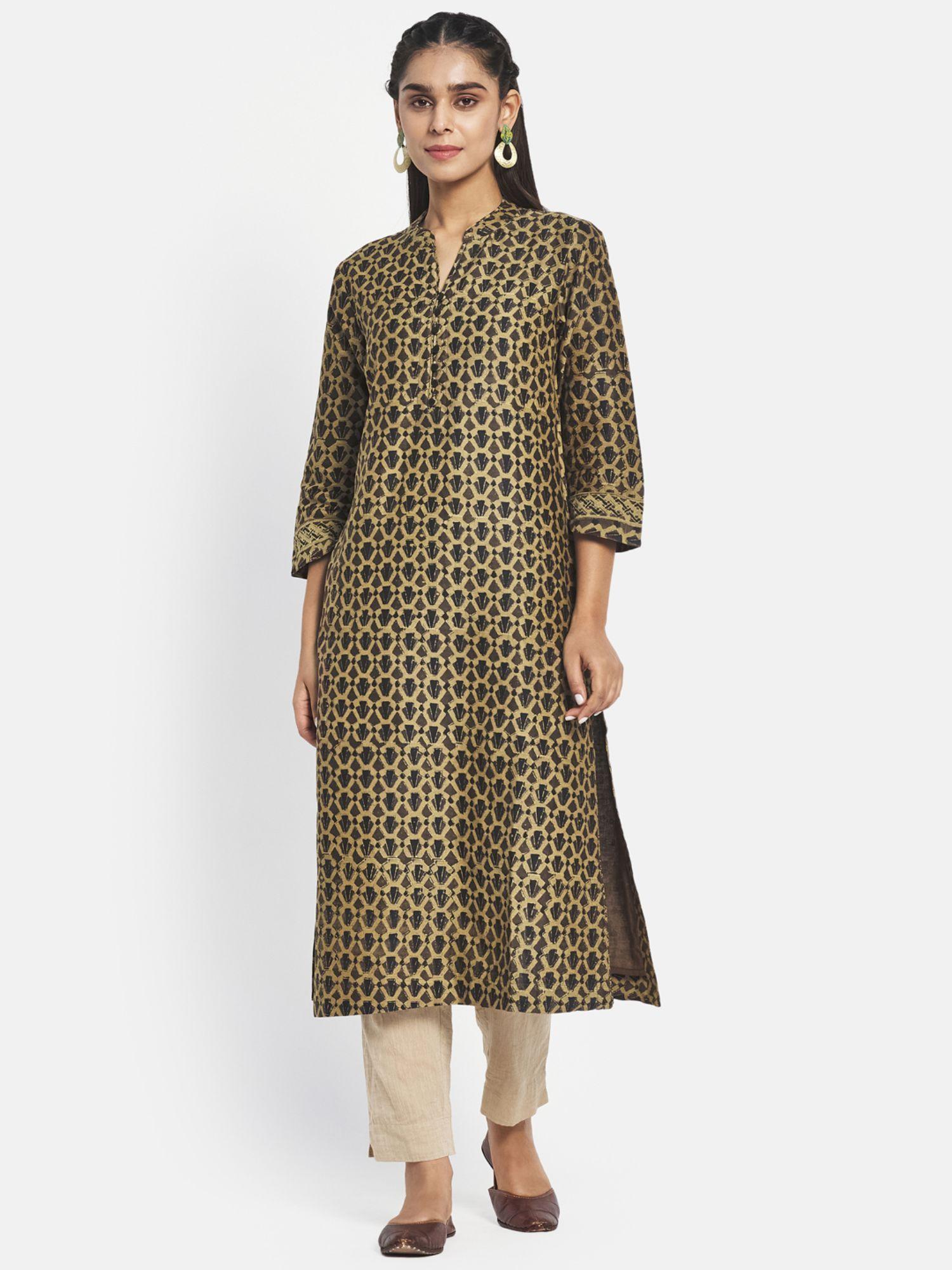 green ajrakh hand block printed cotton silk long kurta