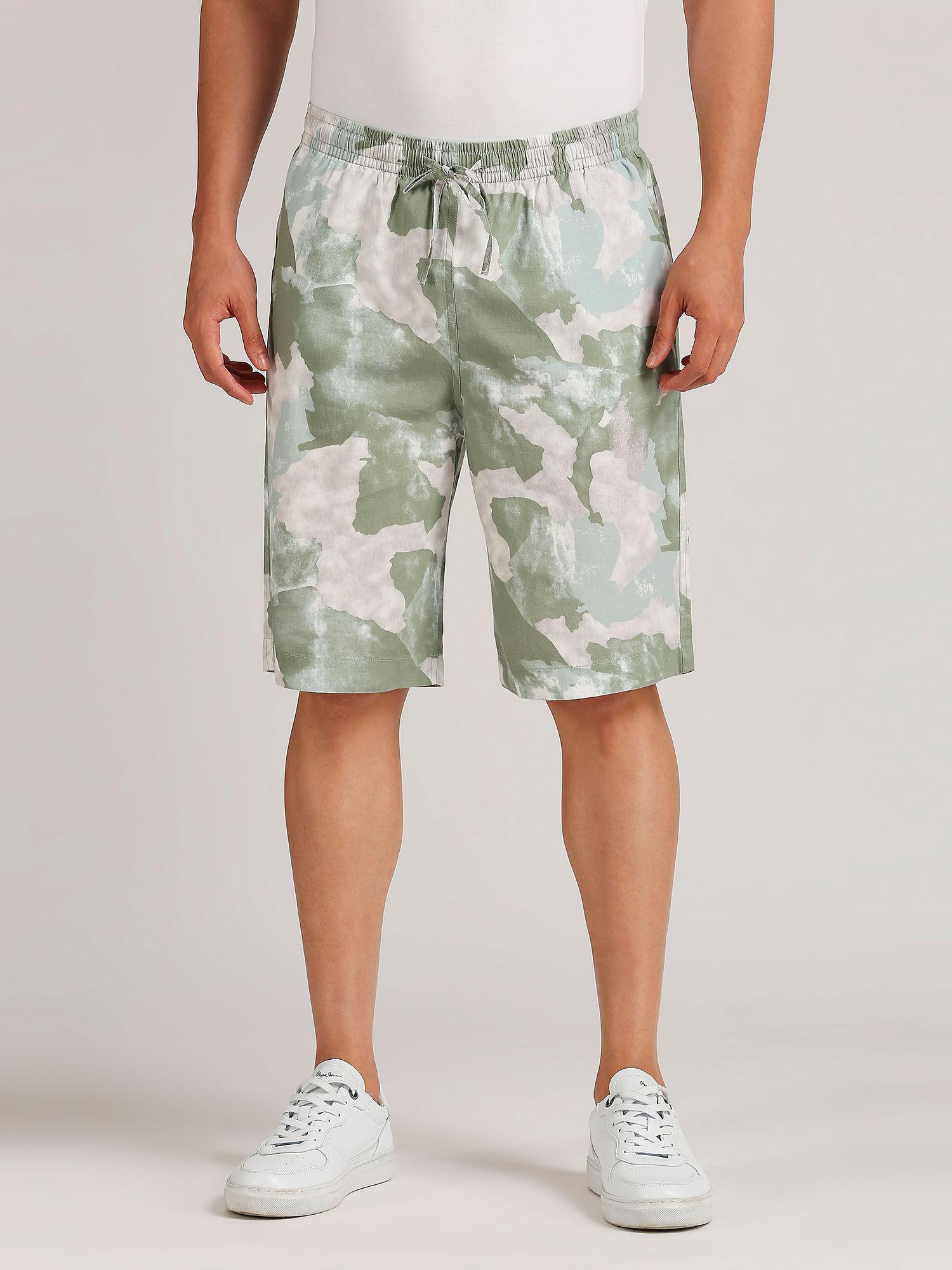green all over camouflage print shorts