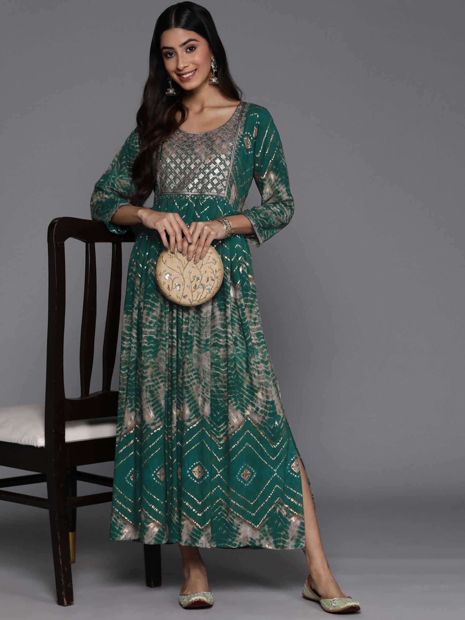 green all-over printed & sequins yoke design fit & flared dress