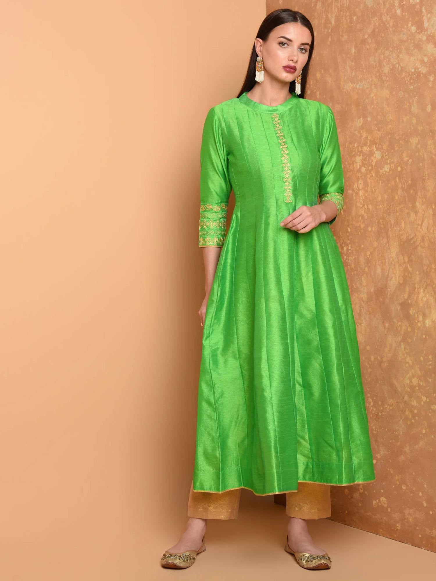 green anarkali silk kurta with brocade pant (set of 2)