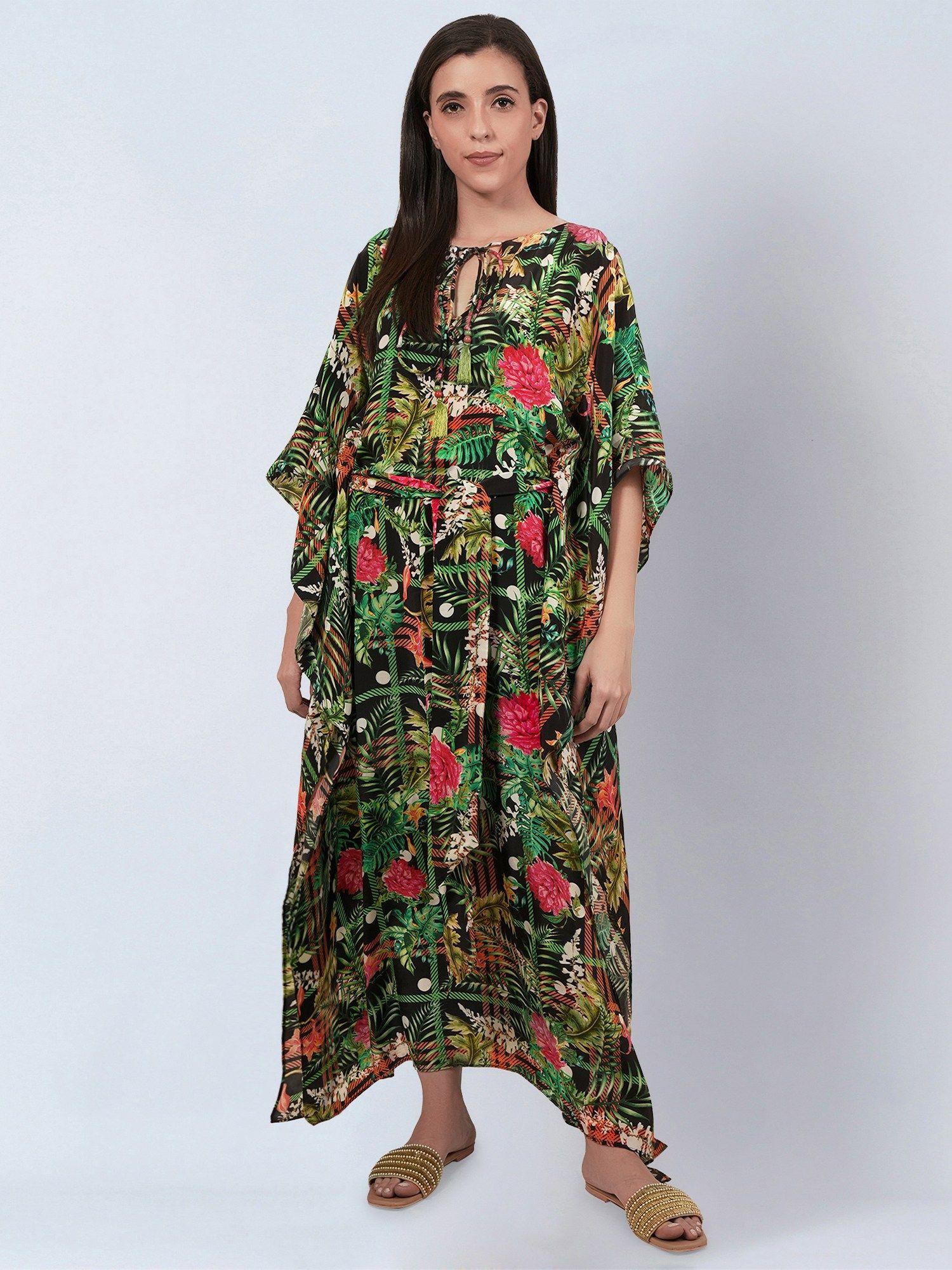 green and black jungle print full length kaftan (set of 2)