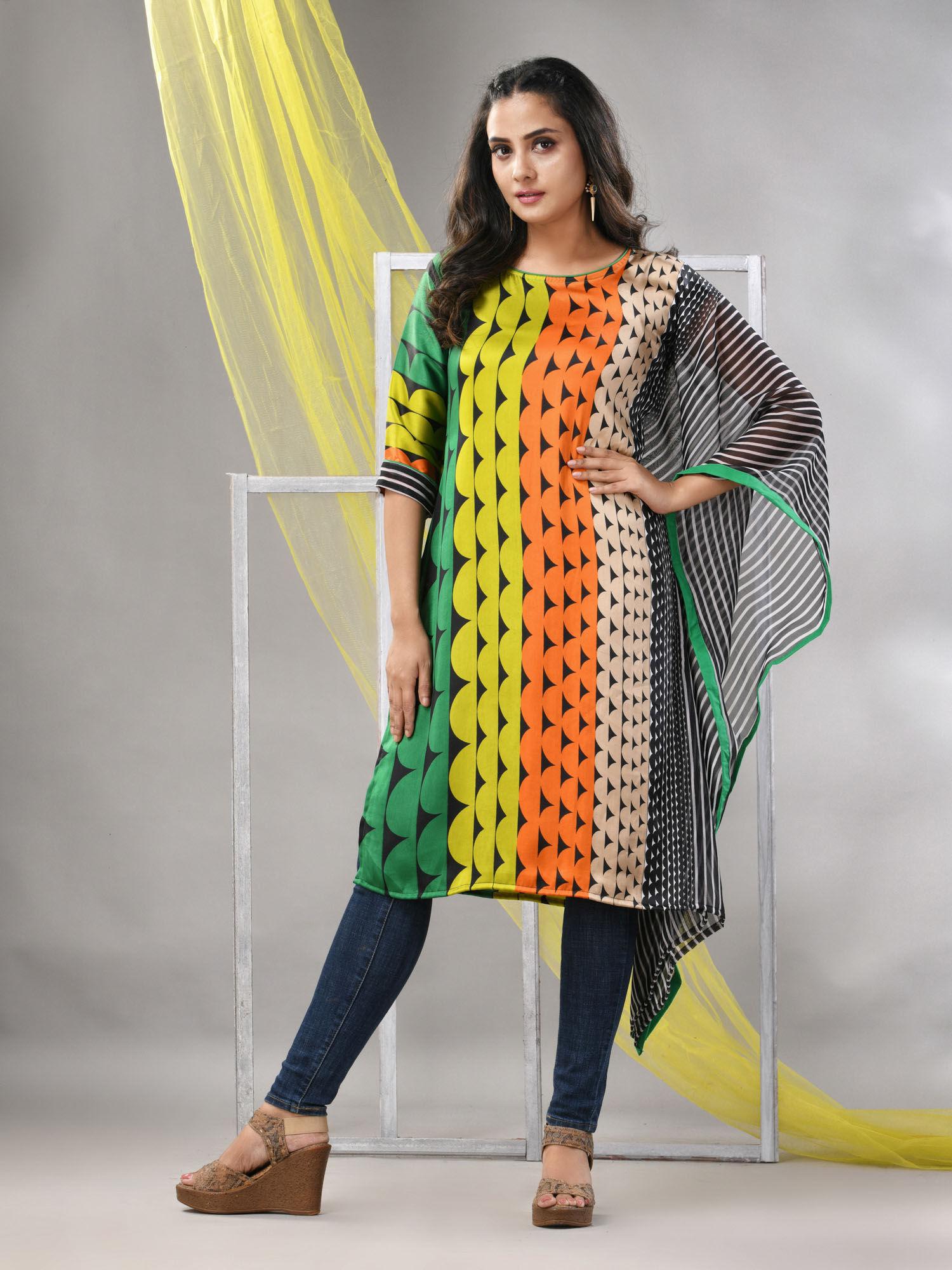 green and black printed satin asymmetrical straight kurta