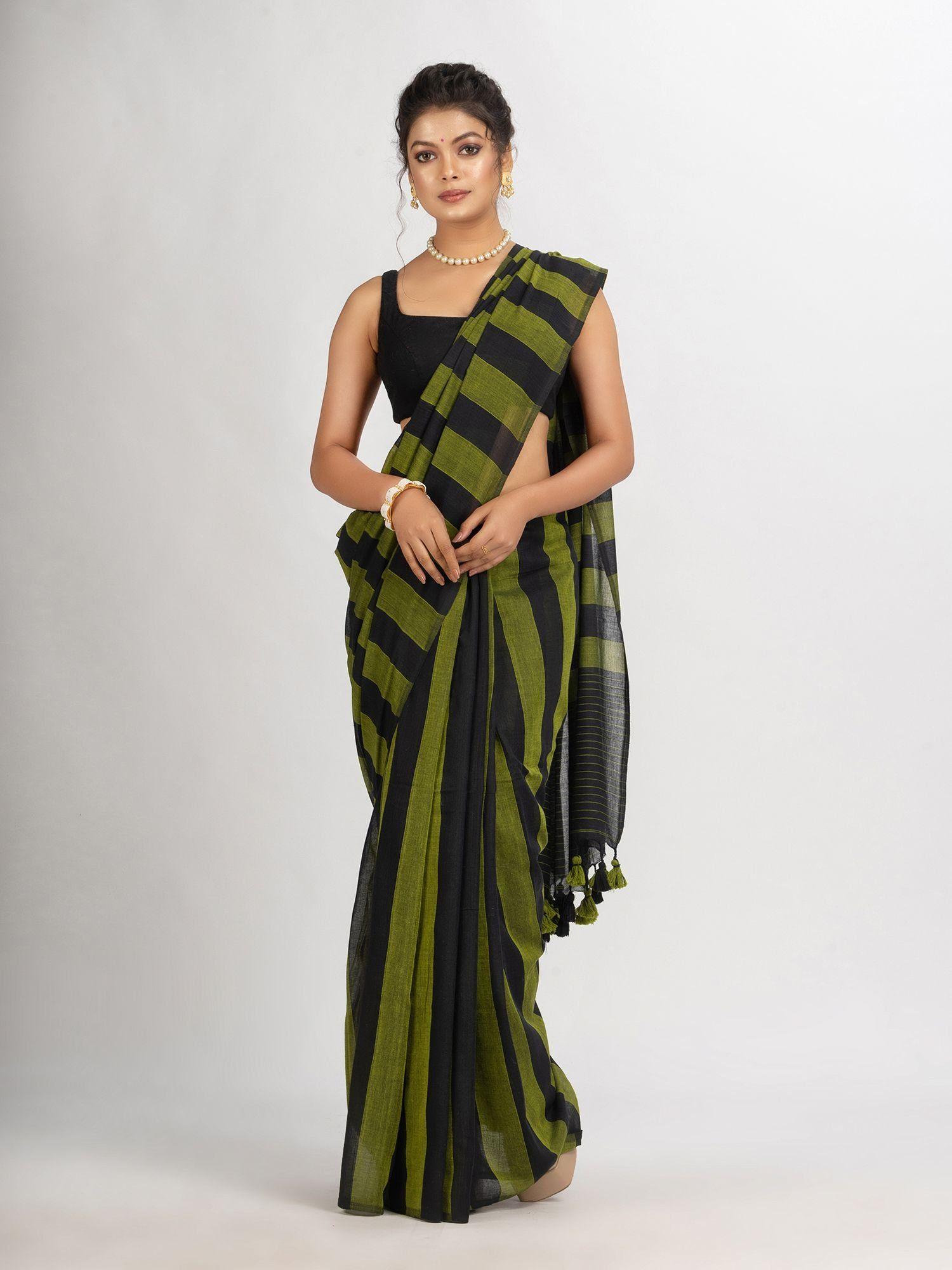 green and black stipe handwoven cotton handloom saree