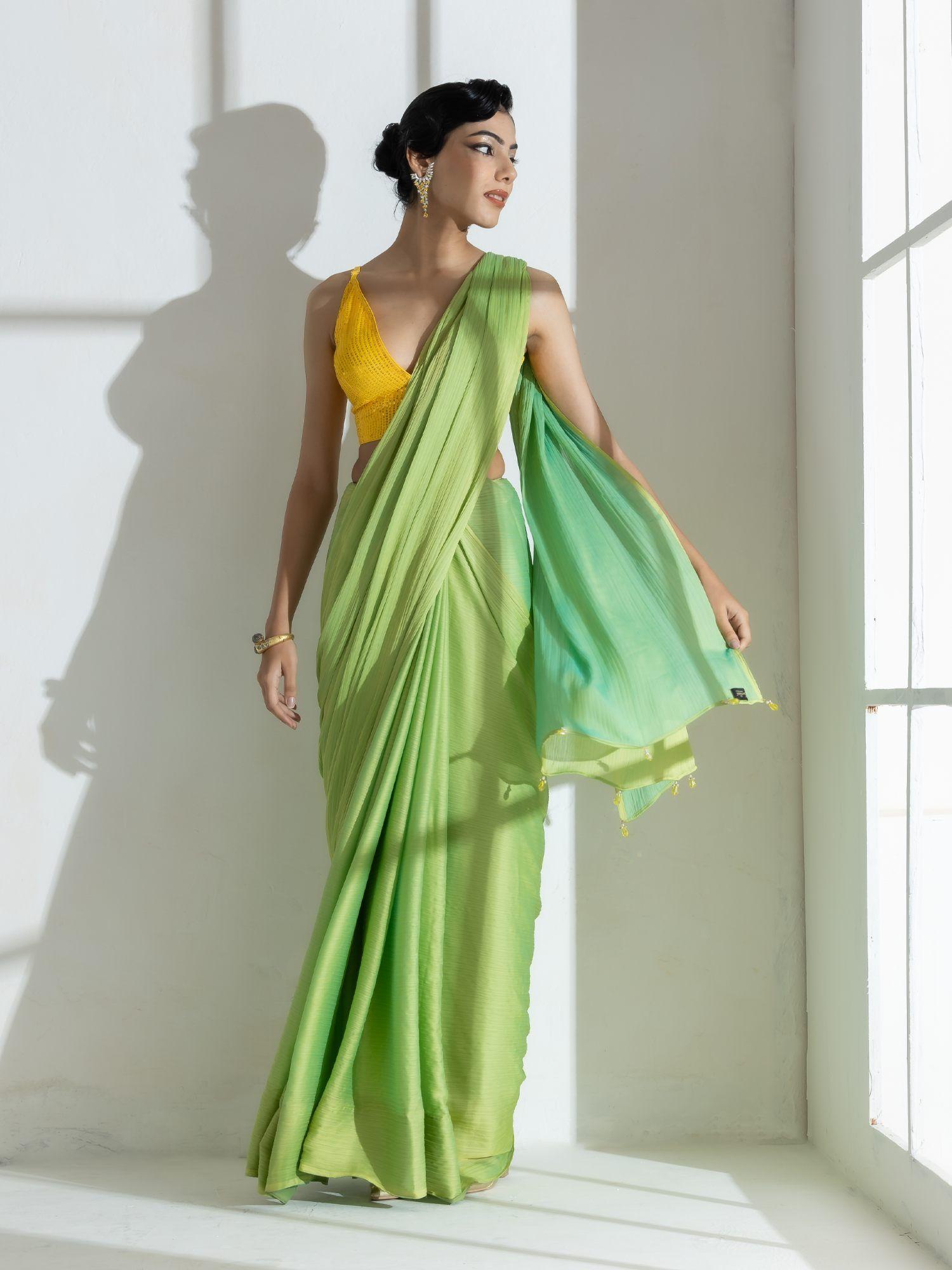 green and blue dual shade solid chiffon saree with beads