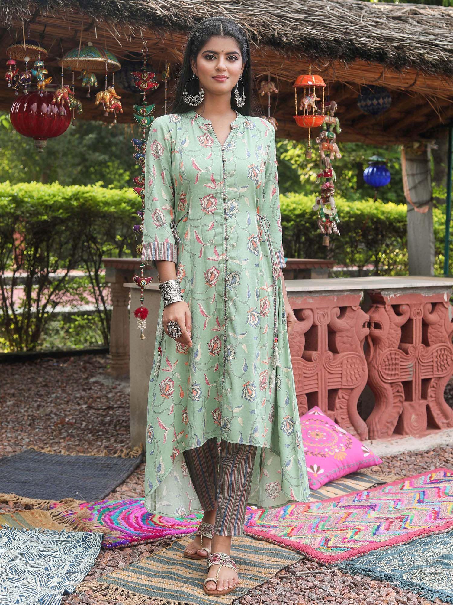 green and blue foil printed high-low a-line kurta with trouser set. (set of 2)