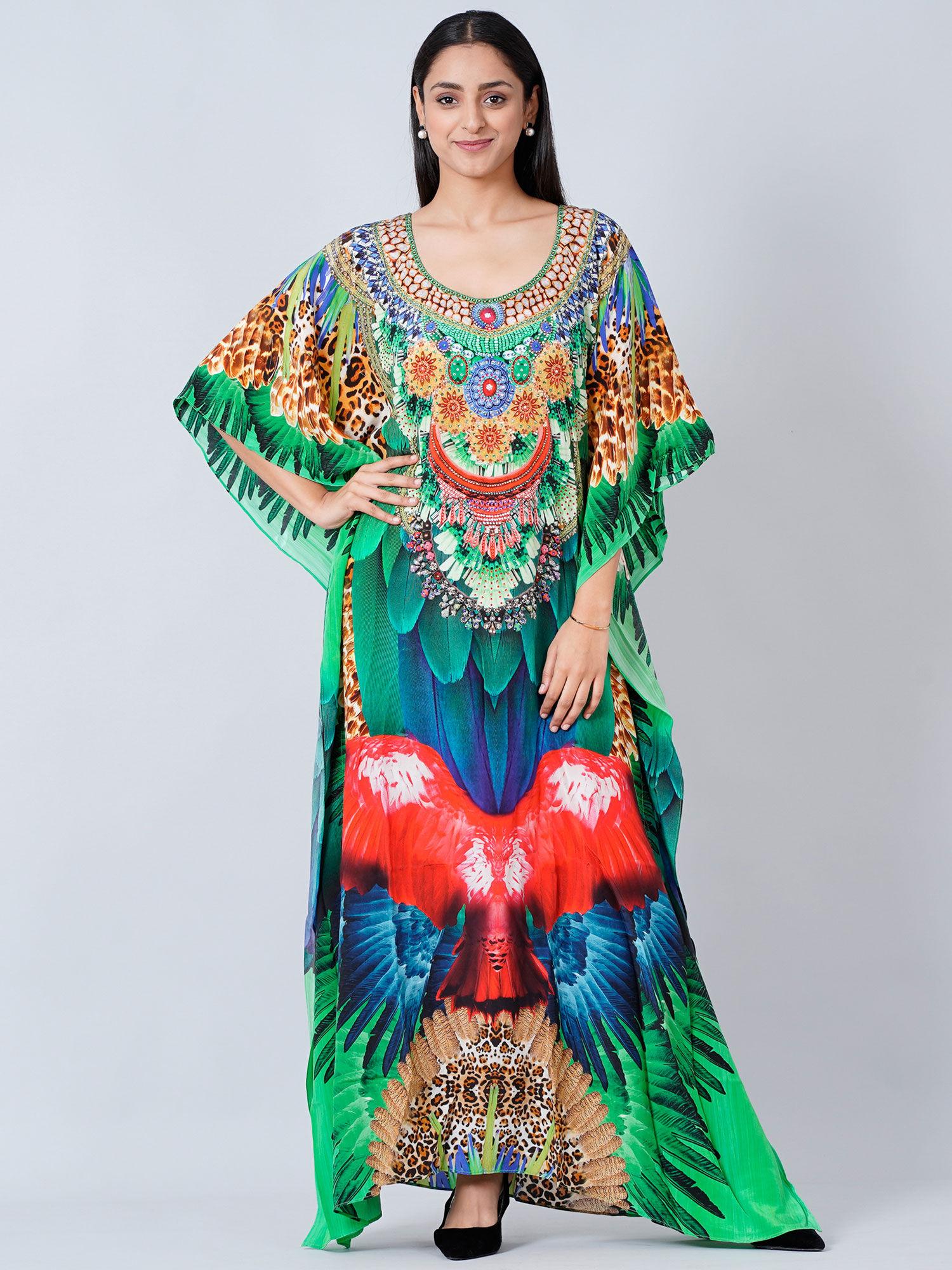 green and blue tribal embellished silk full length kaftan