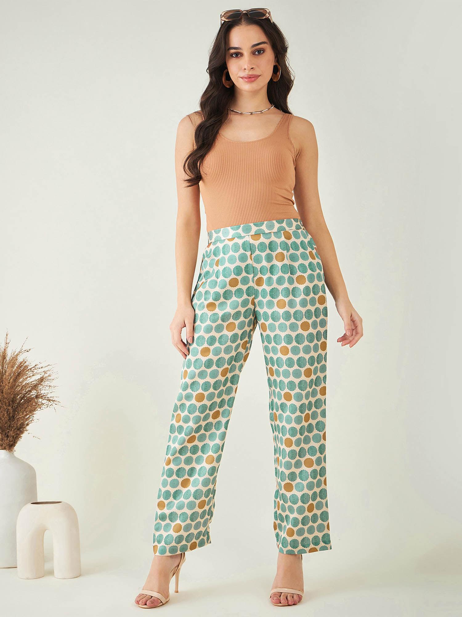 green and brown polka dot pant