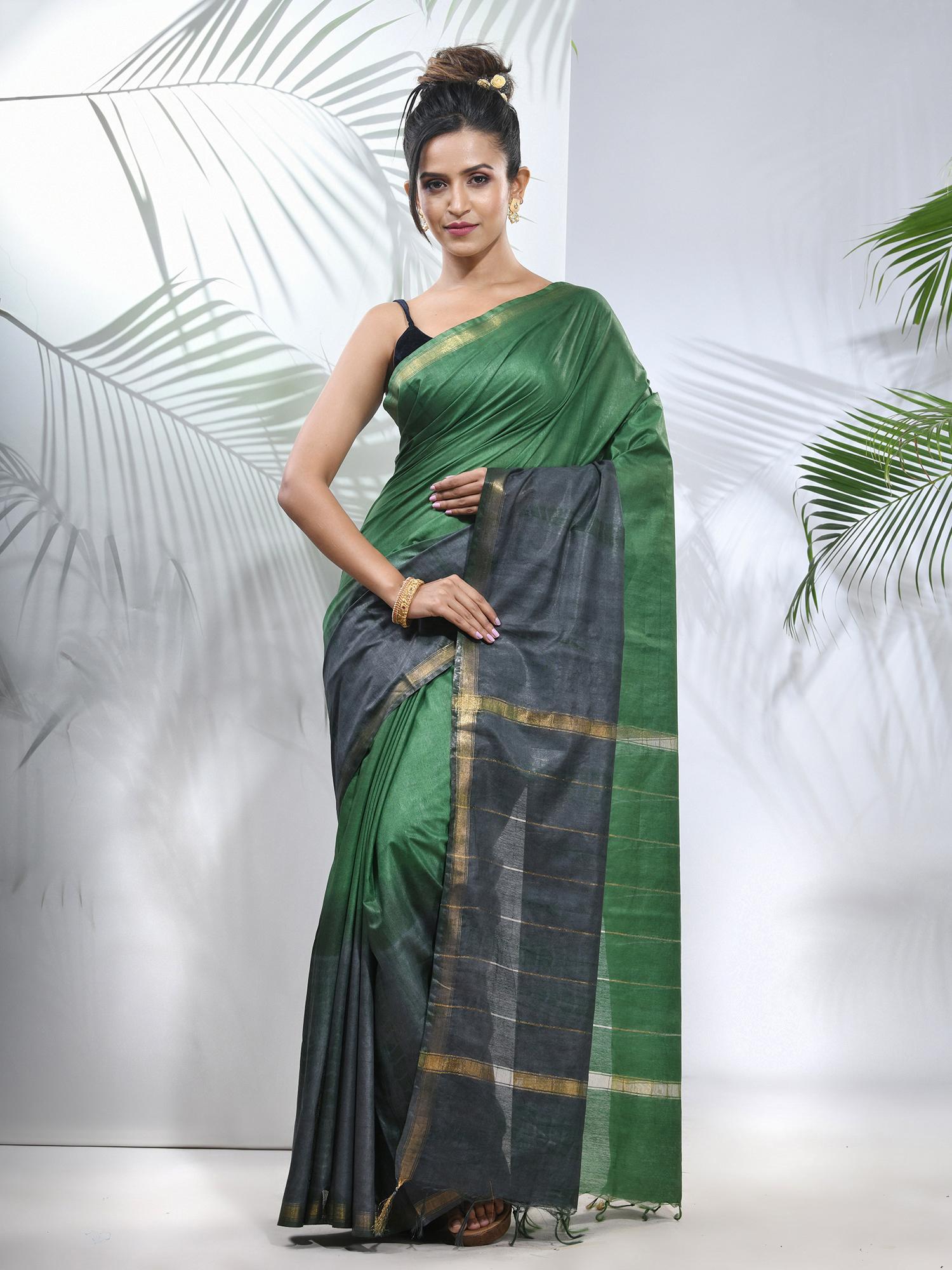 green and grey shibori printed silk saree with unstitched blouse