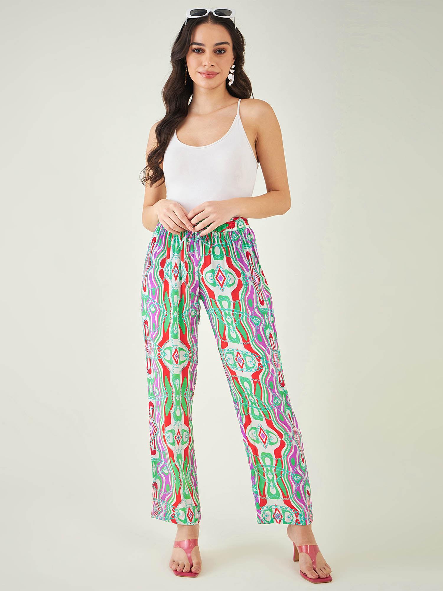 green and orange marine wave print pant